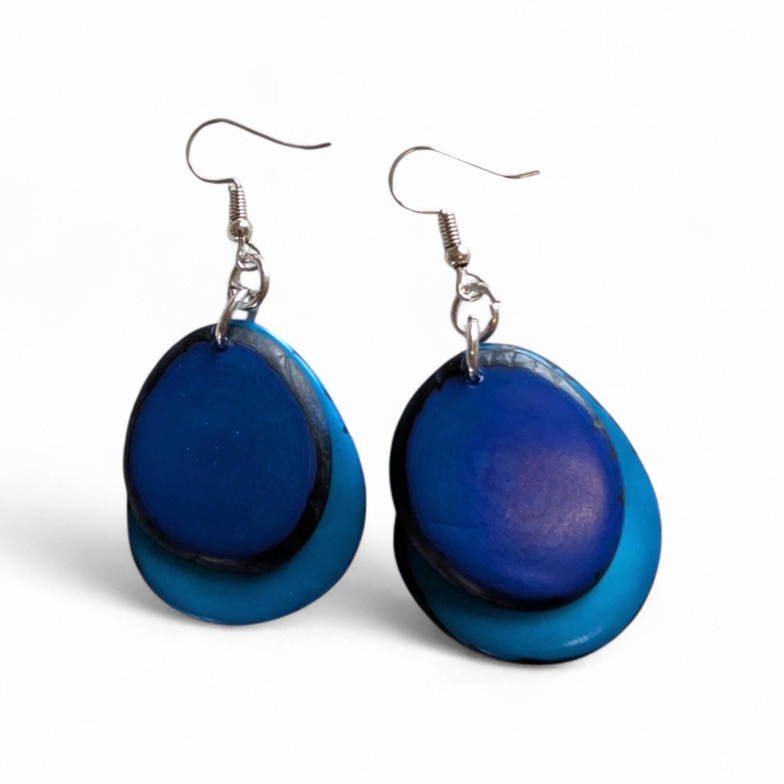 Blue Aquamarine Oval Earrings, Handmade Tagua Nut Jewelry