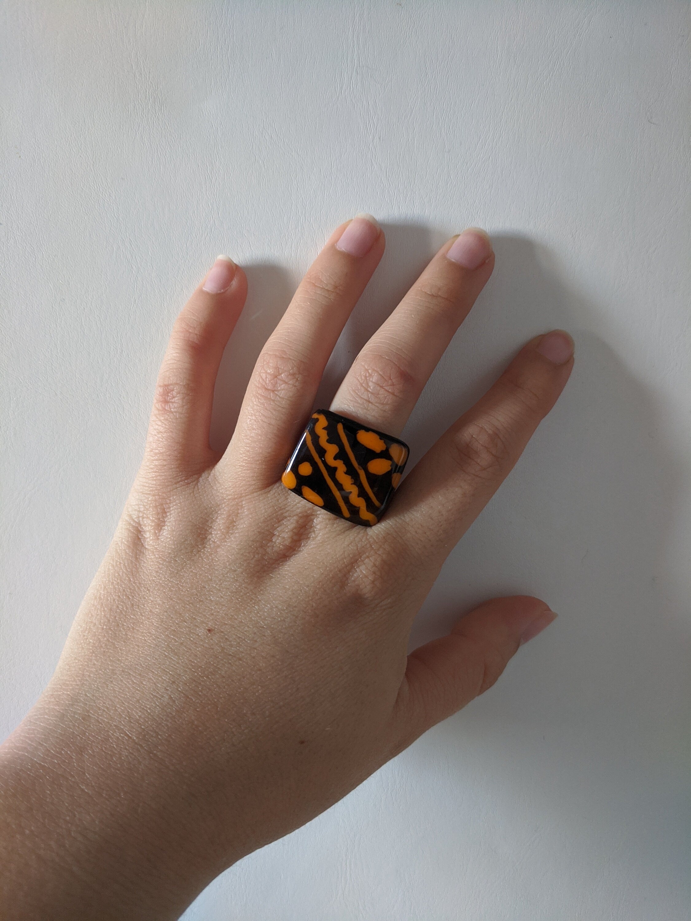 Hand painted tagua nut statement ring. One of a kind chunky ring, geometric jewelry sustainable vegan eco friendly ring
