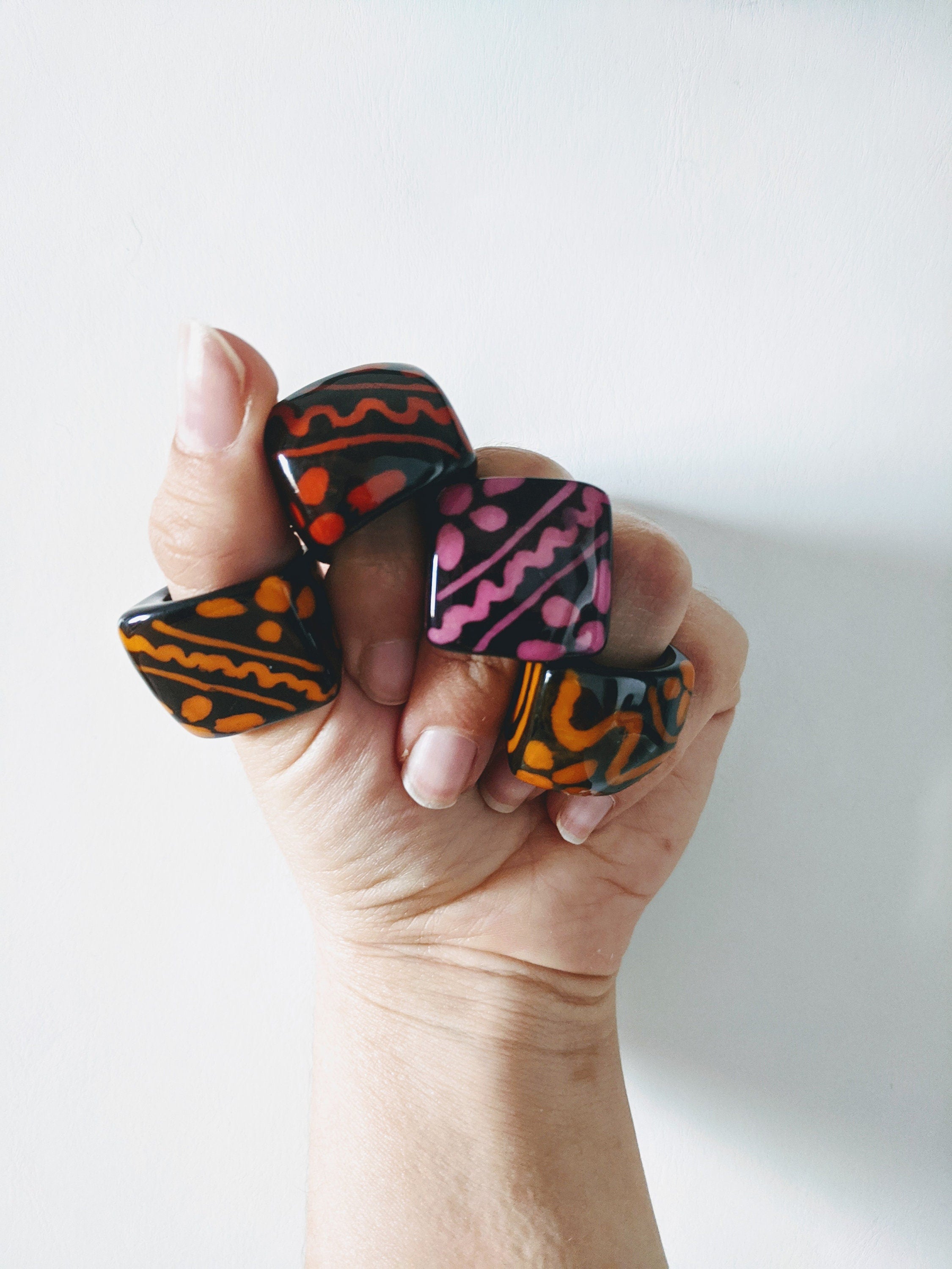 Hand painted tagua nut statement ring. One of a kind chunky ring, geometric jewelry sustainable vegan eco friendly ring