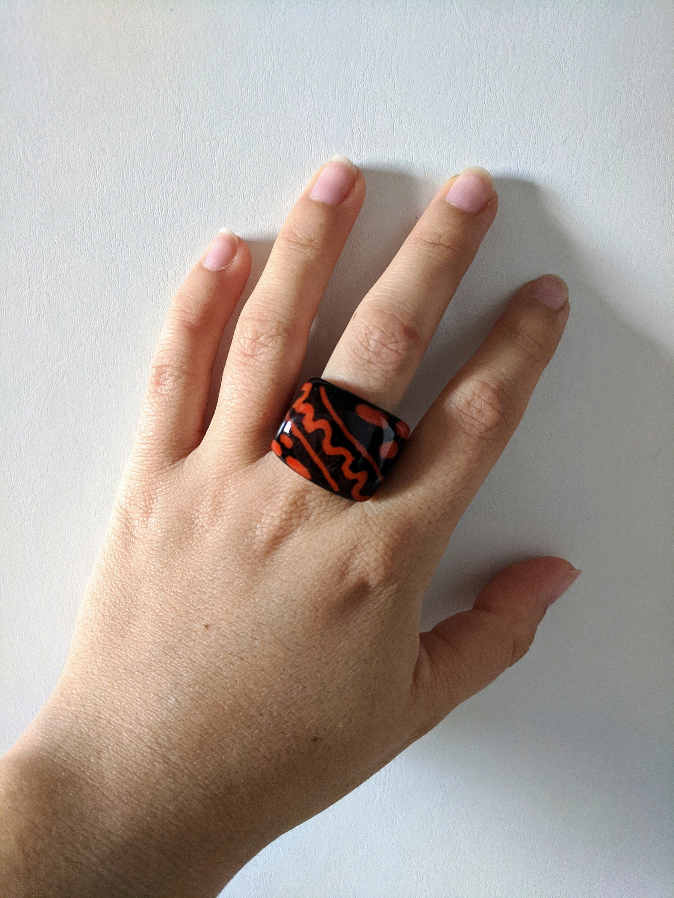 Hand painted tagua nut statement ring. One of a kind chunky ring, geometric jewelry sustainable vegan eco friendly ring