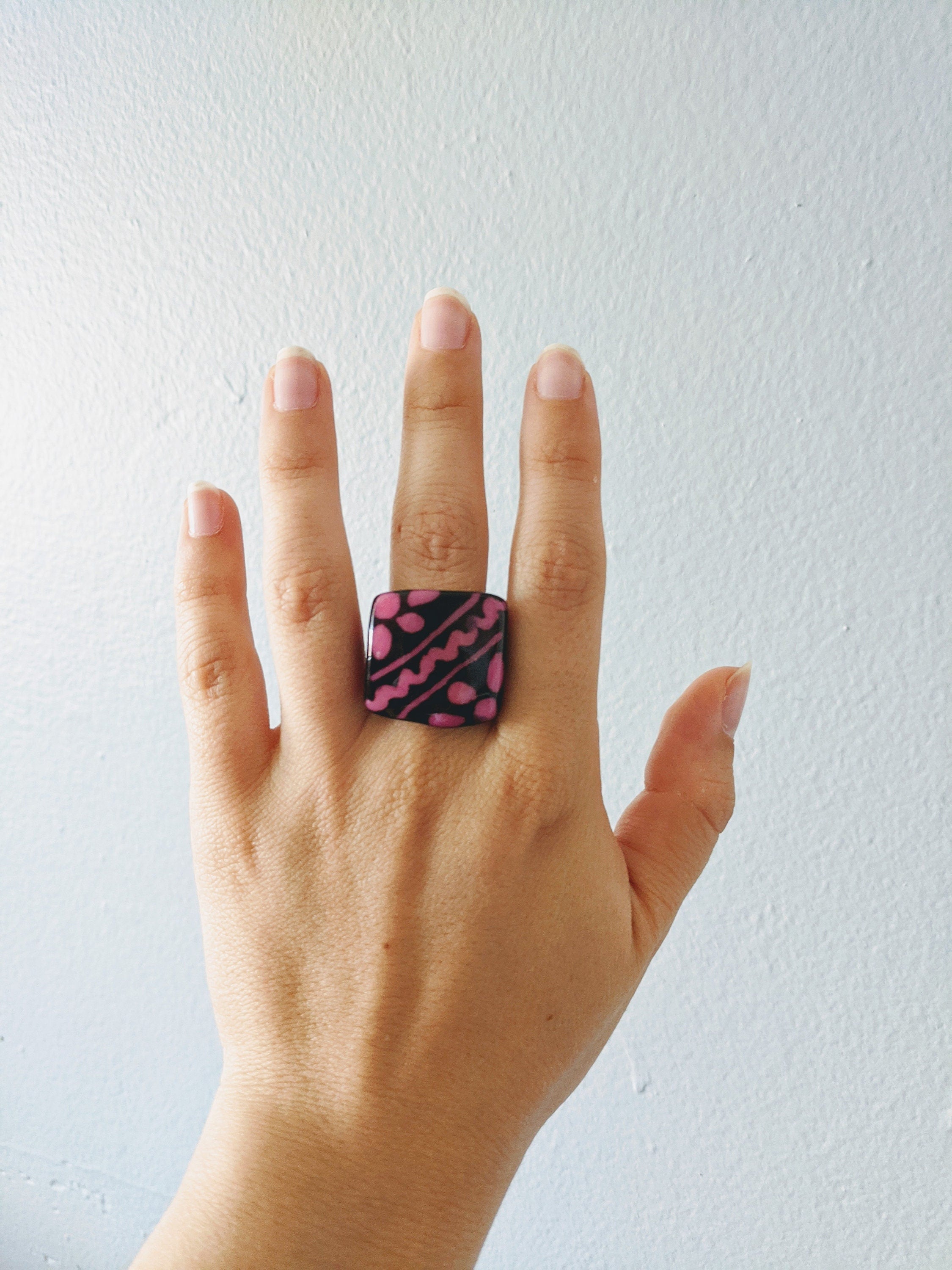 Hand painted tagua nut statement ring. One of a kind chunky ring, geometric jewelry sustainable vegan eco friendly ring