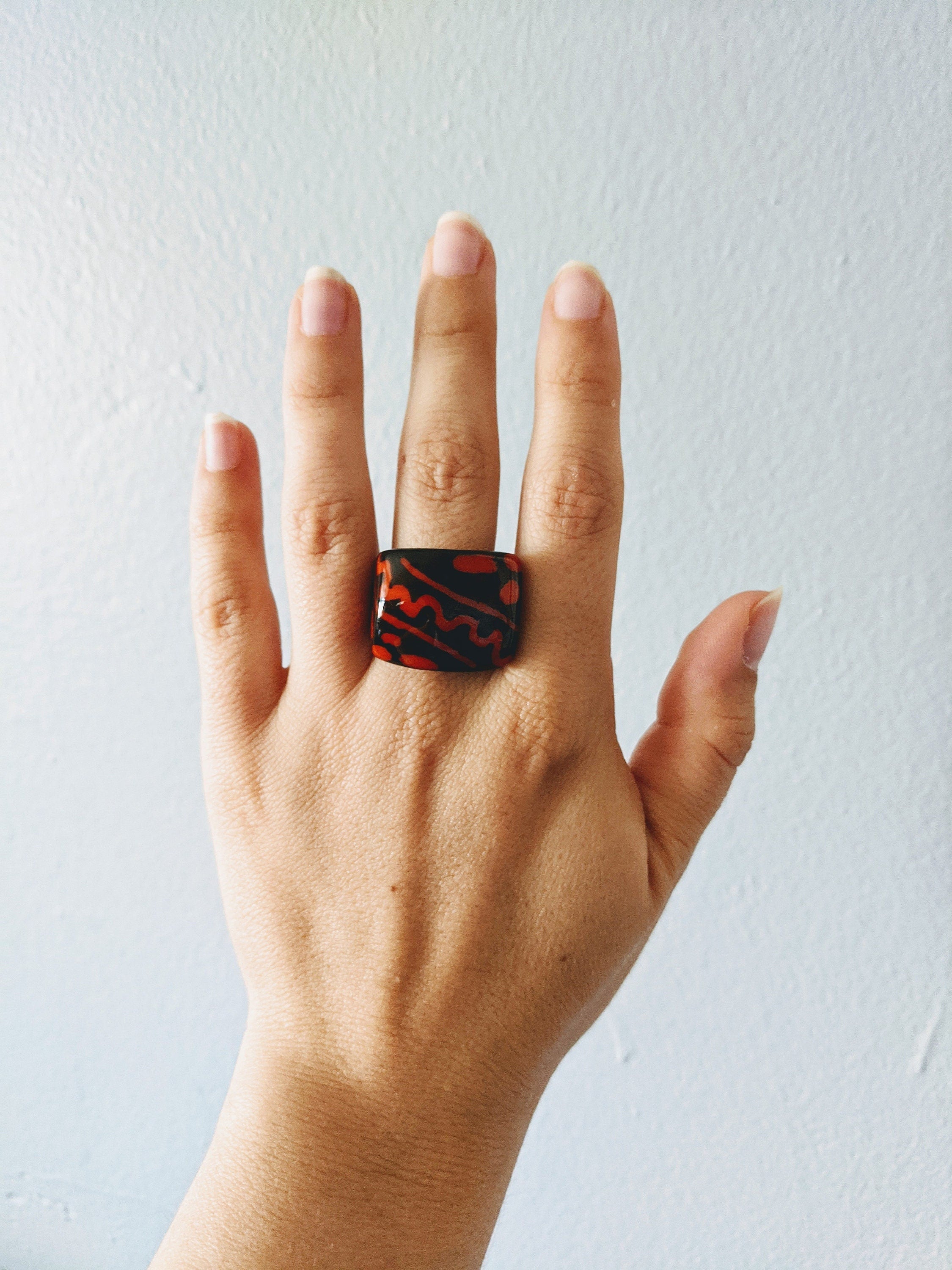 Hand painted tagua nut statement ring. One of a kind chunky ring, geometric jewelry sustainable vegan eco friendly ring