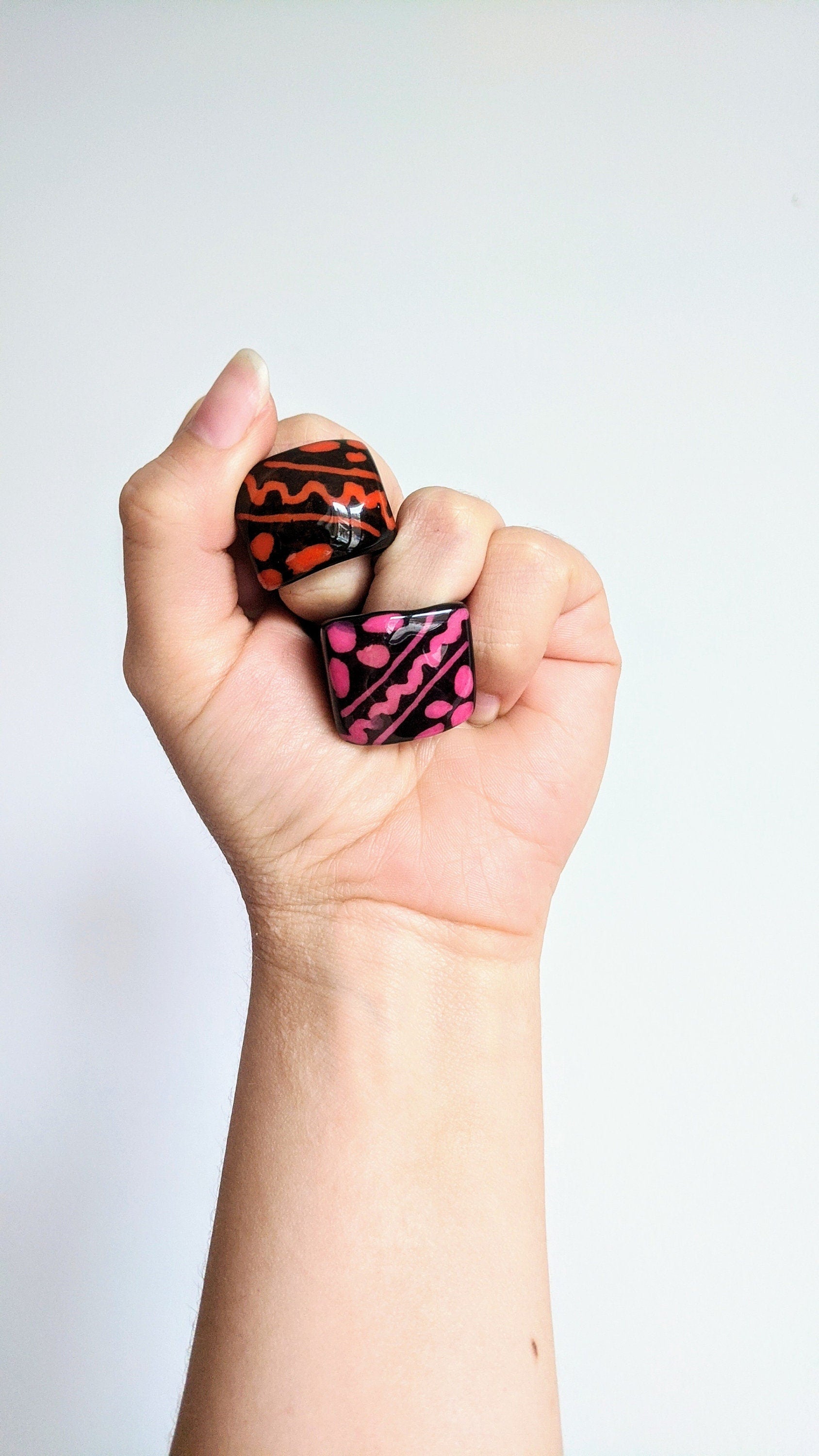 Hand painted tagua nut statement ring. One of a kind chunky ring, geometric jewelry sustainable vegan eco friendly ring