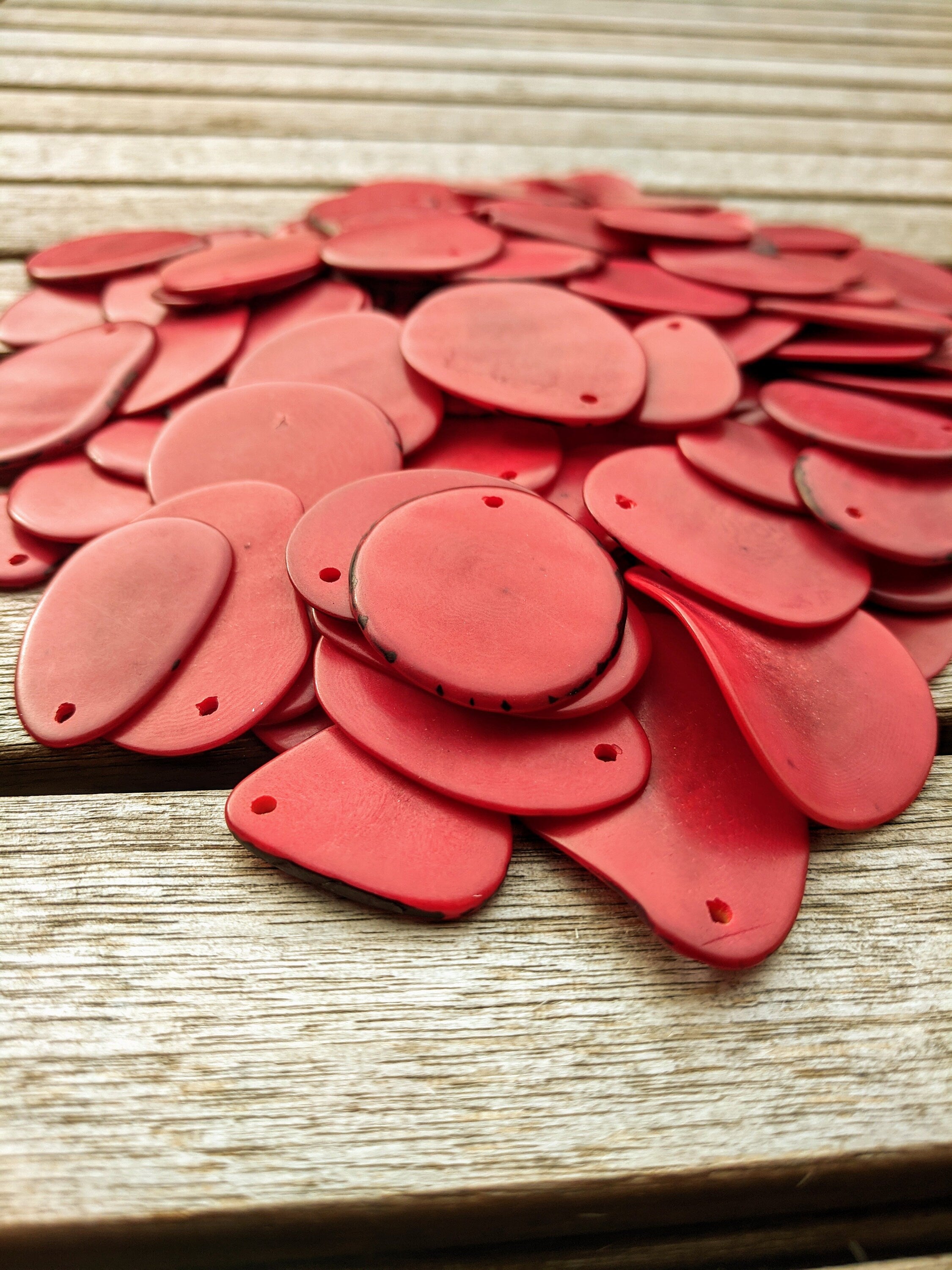 Red Tagua Nut Beads: Organic Vegetal Ivory Slices, Top Drilled (15 pcs)