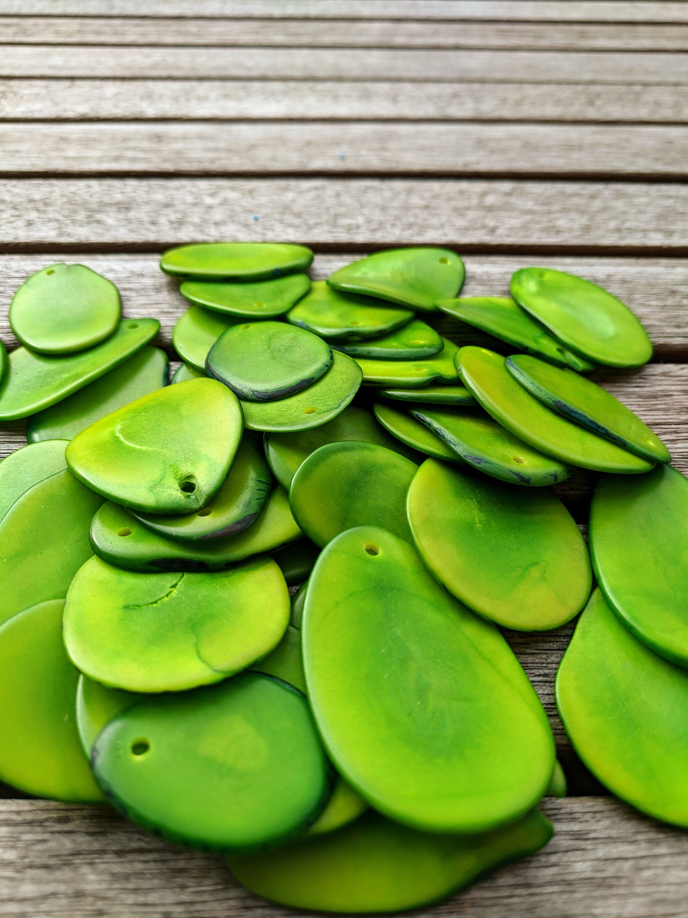 Green Tagua Nut Slices: Top Drilled Vegetal Ivory Beads (15pcs)