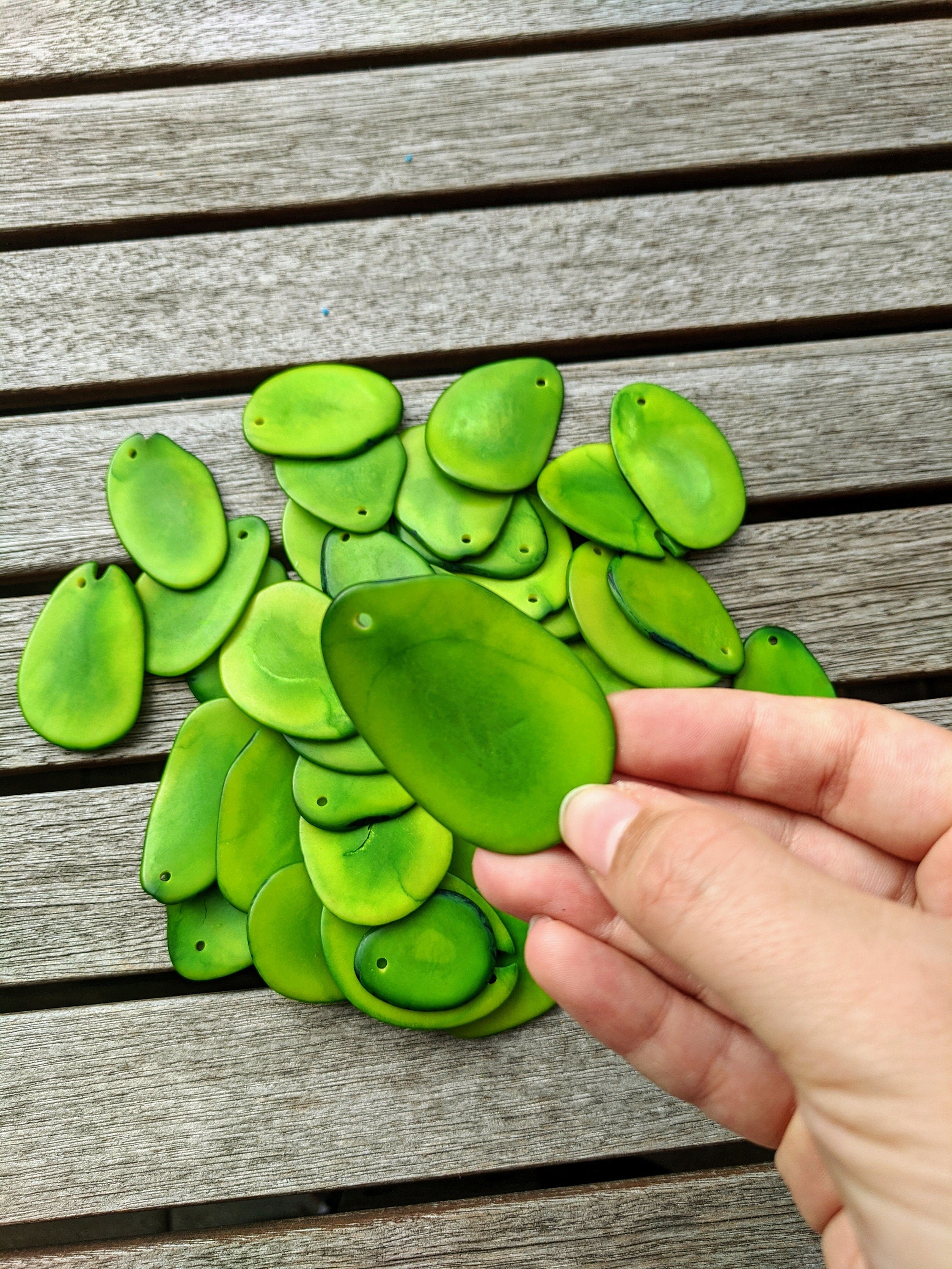 Green Tagua Nut Slices: Top Drilled Vegetal Ivory Beads (15pcs)