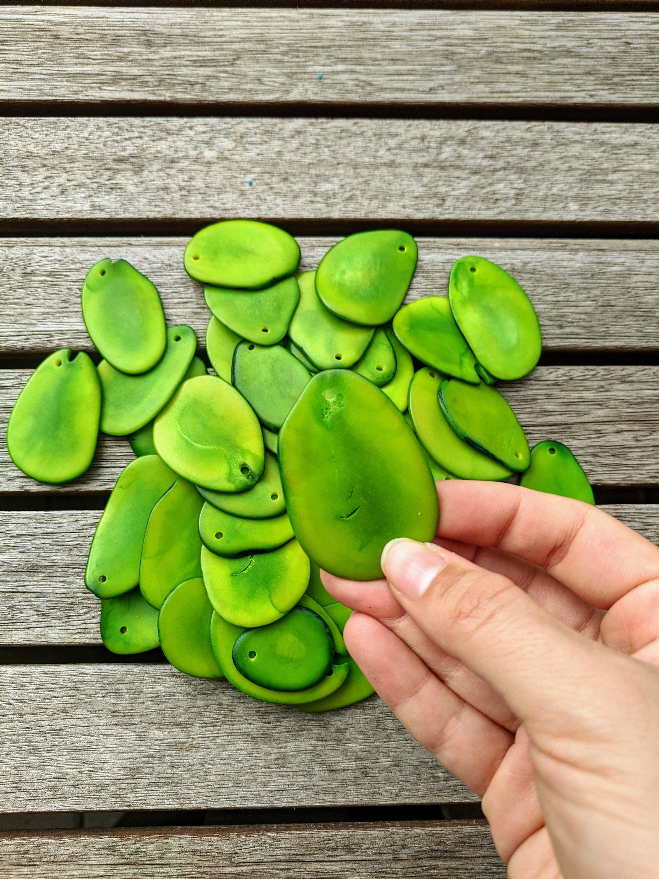 Green Tagua Nut Slices: Top Drilled Vegetal Ivory Beads (15pcs)