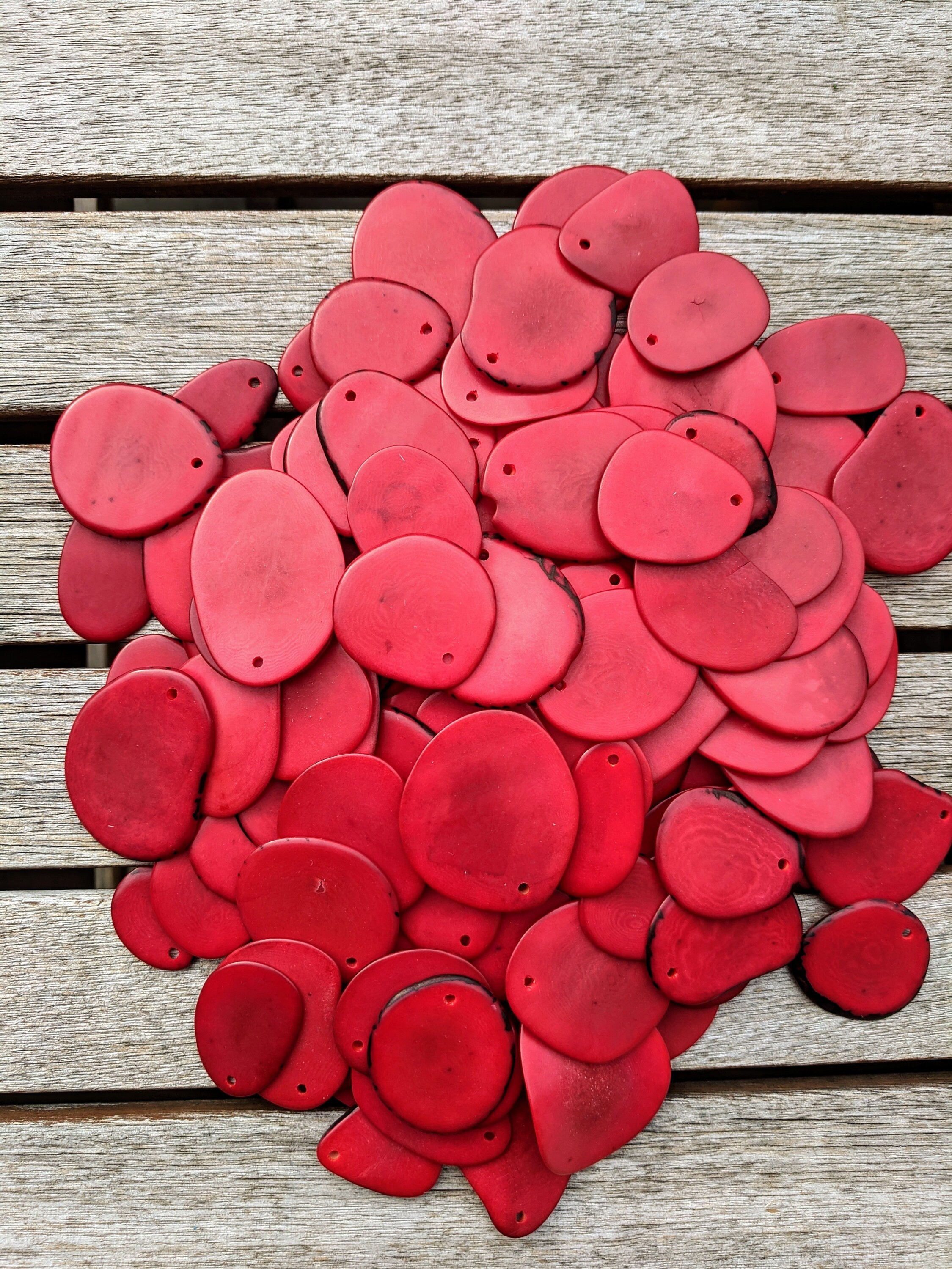 Red Tagua Nut Beads: Organic Vegetal Ivory Slices, Top Drilled (15 pcs)
