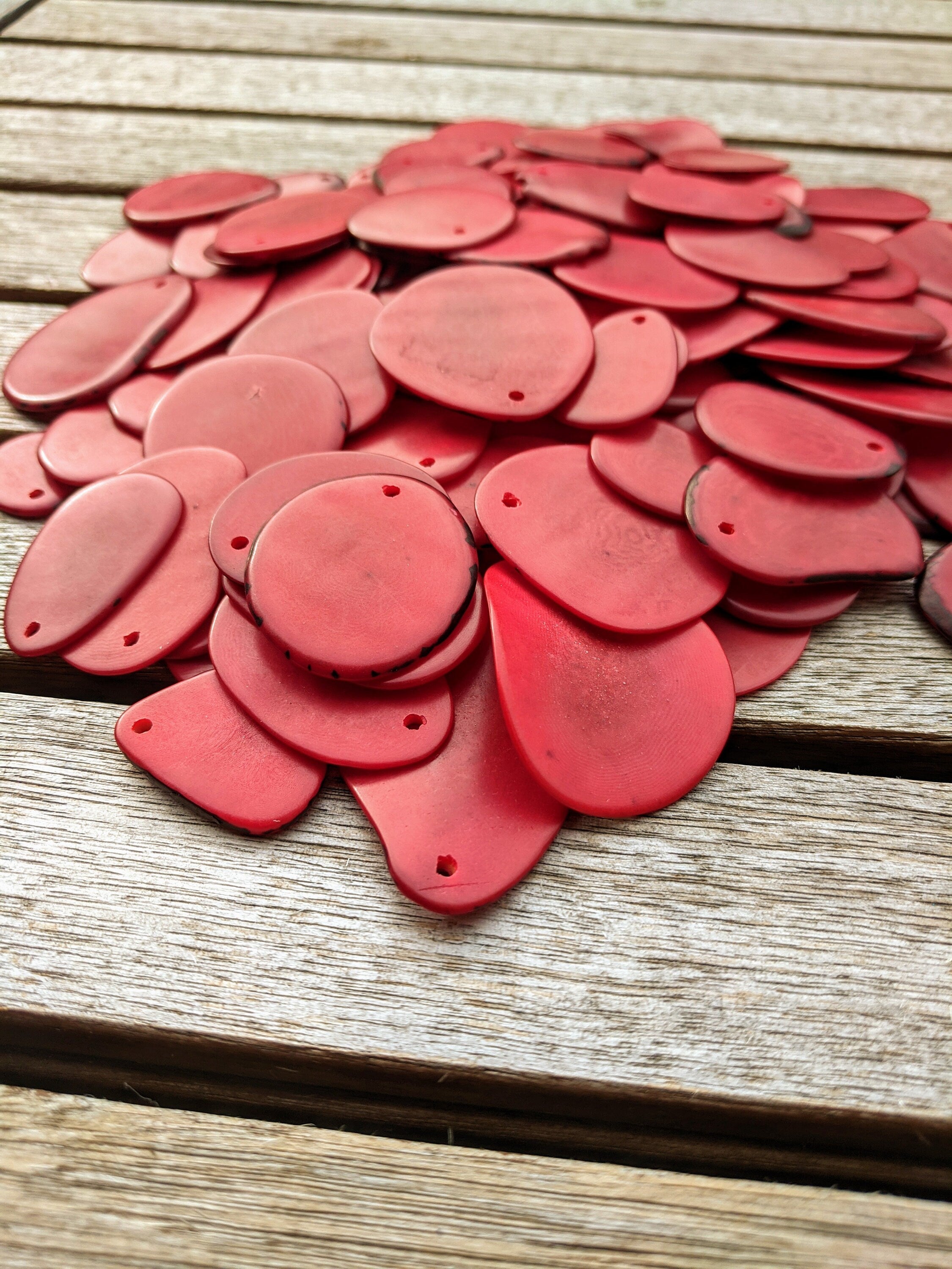 Red Tagua Nut Beads: Organic Vegetal Ivory Slices, Top Drilled (15 pcs)