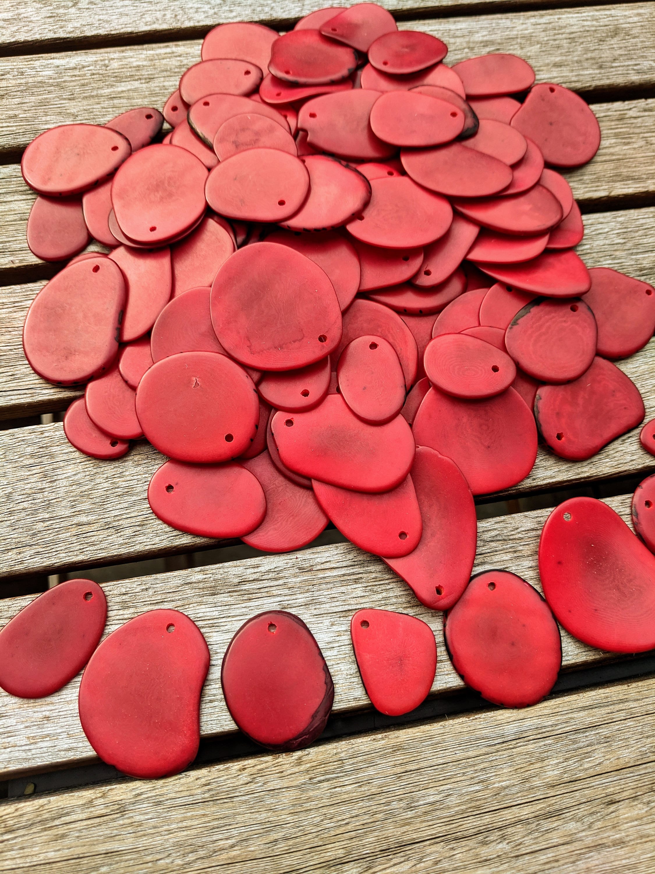 Red Tagua Nut Beads: Organic Vegetal Ivory Slices, Top Drilled (15 pcs)
