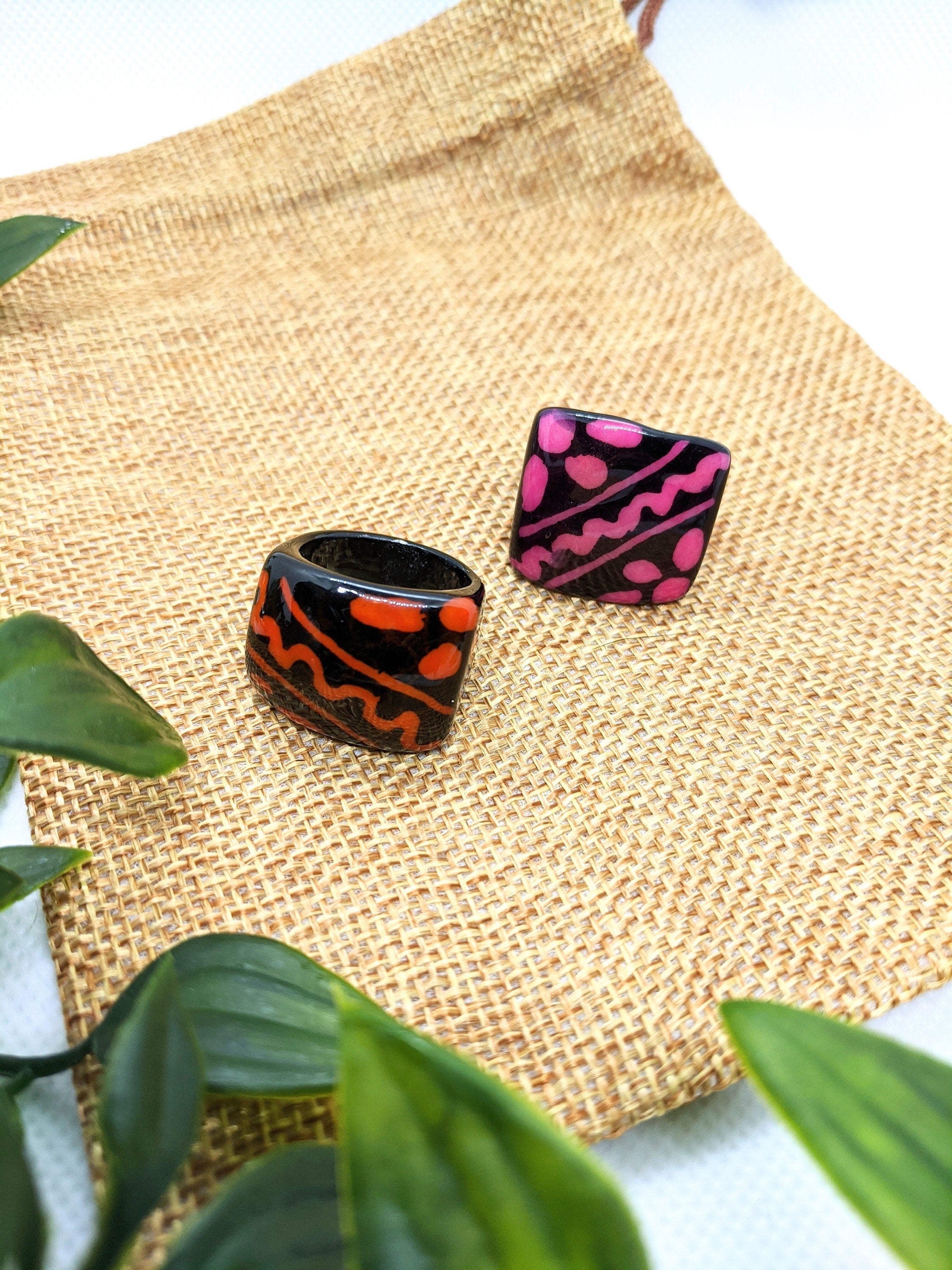 Hand painted tagua nut statement ring. One of a kind chunky ring, geometric jewelry sustainable vegan eco friendly ring