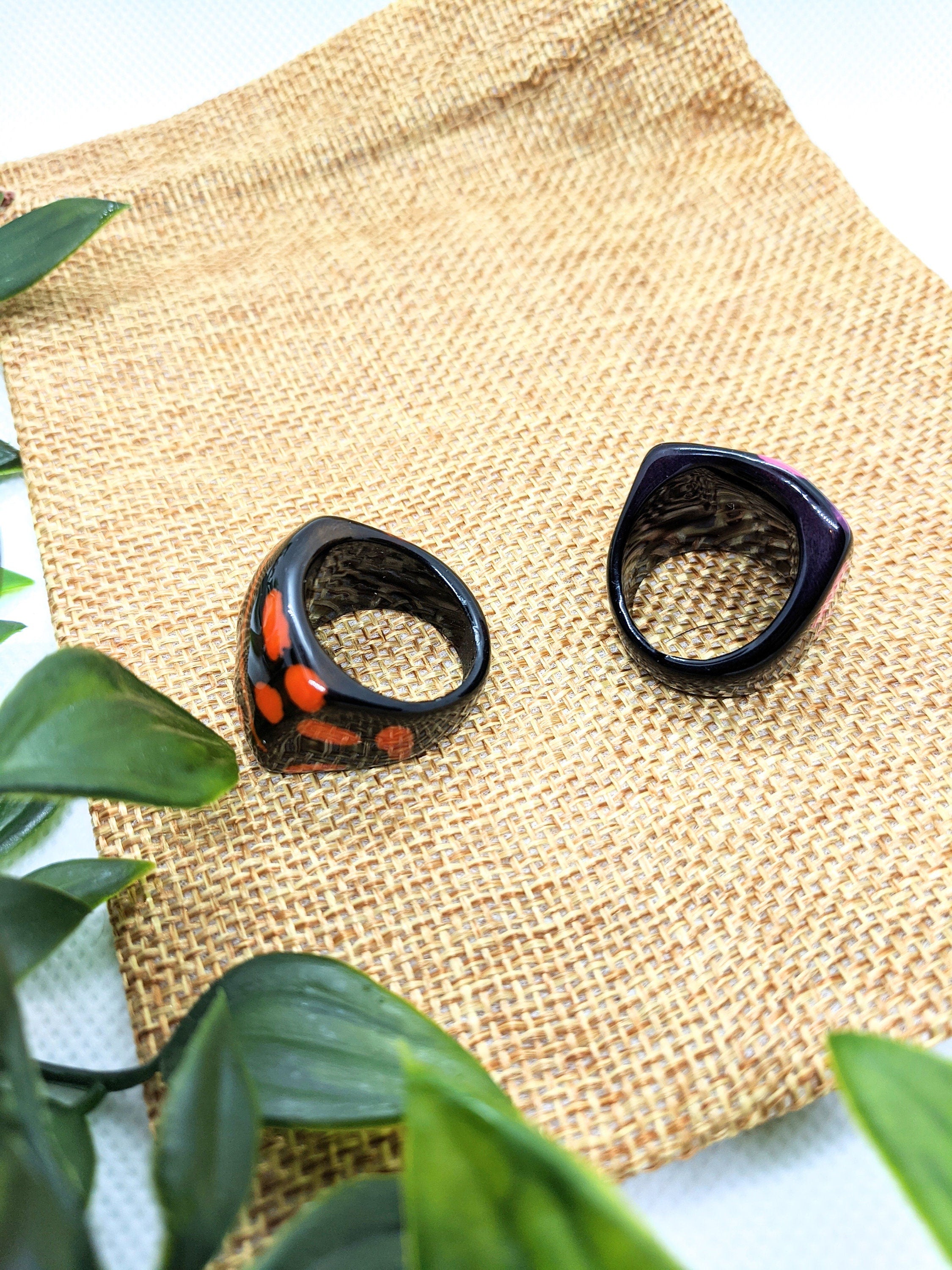 Hand painted tagua nut statement ring. One of a kind chunky ring, geometric jewelry sustainable vegan eco friendly ring