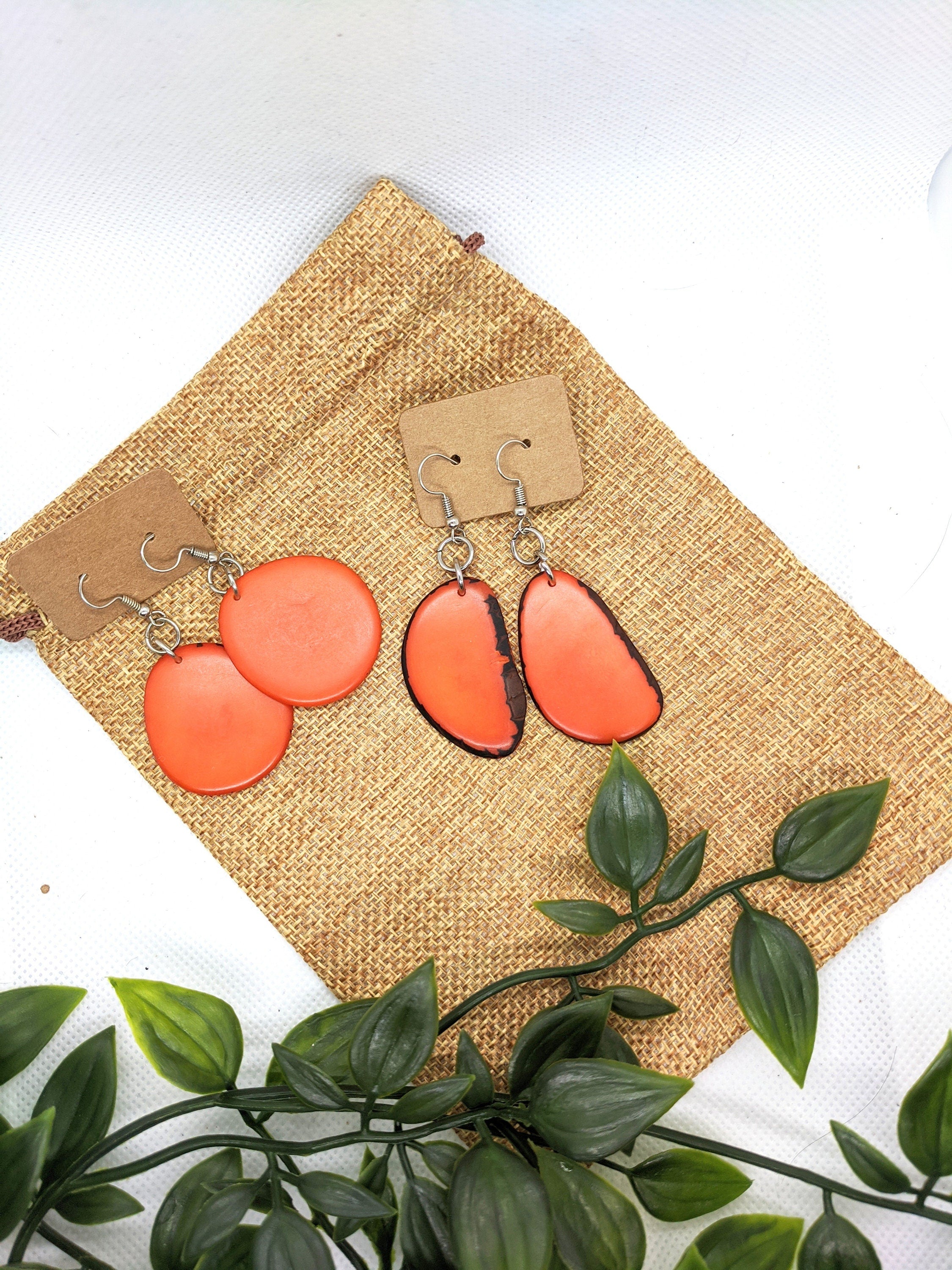 Orange Tagua Nut Earrings.
