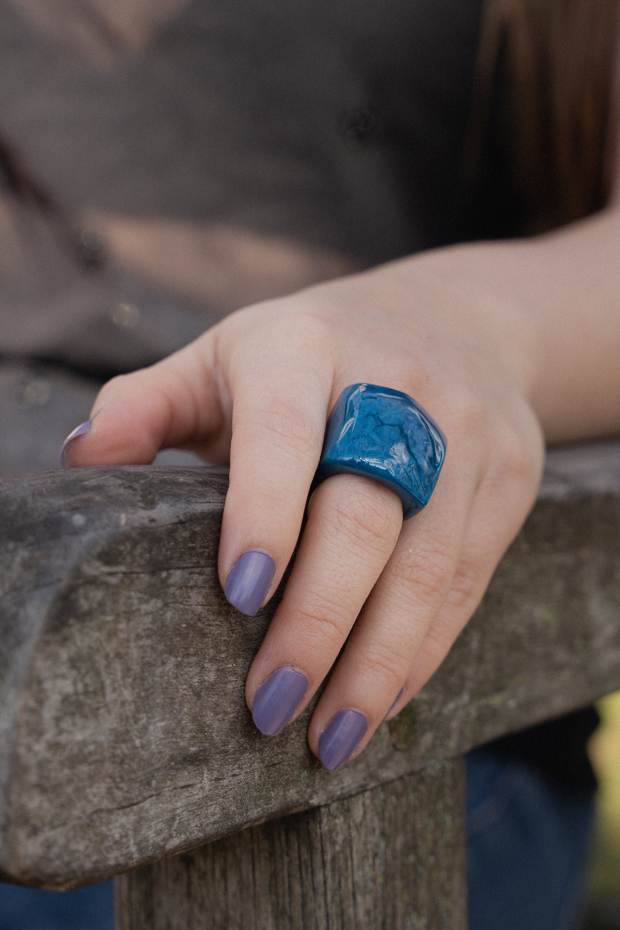 Blue Boho Statement Ring – Aquamarine Tagua Nut Jewelry.