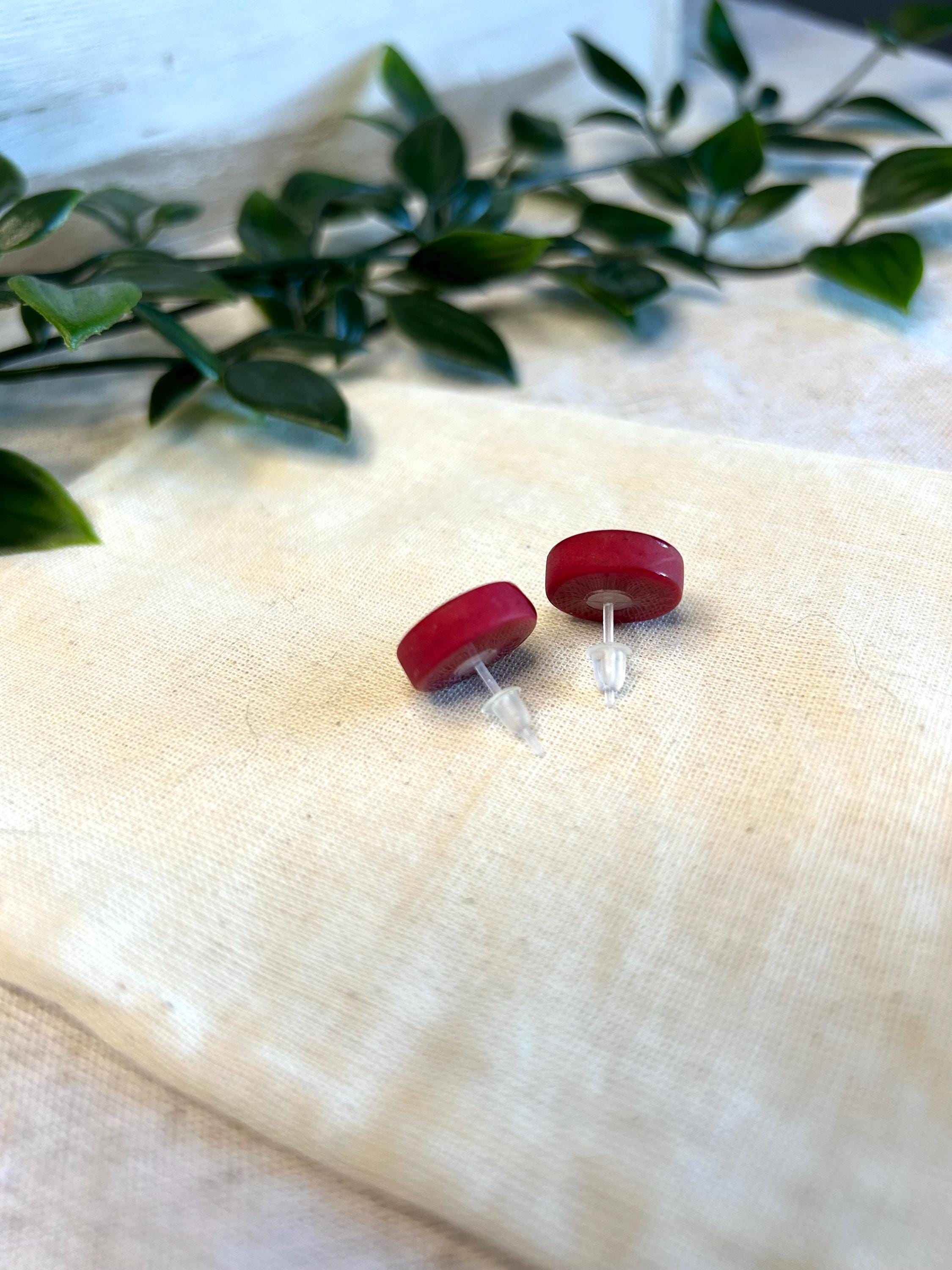 Red Tagua Nut Stud Earrings.