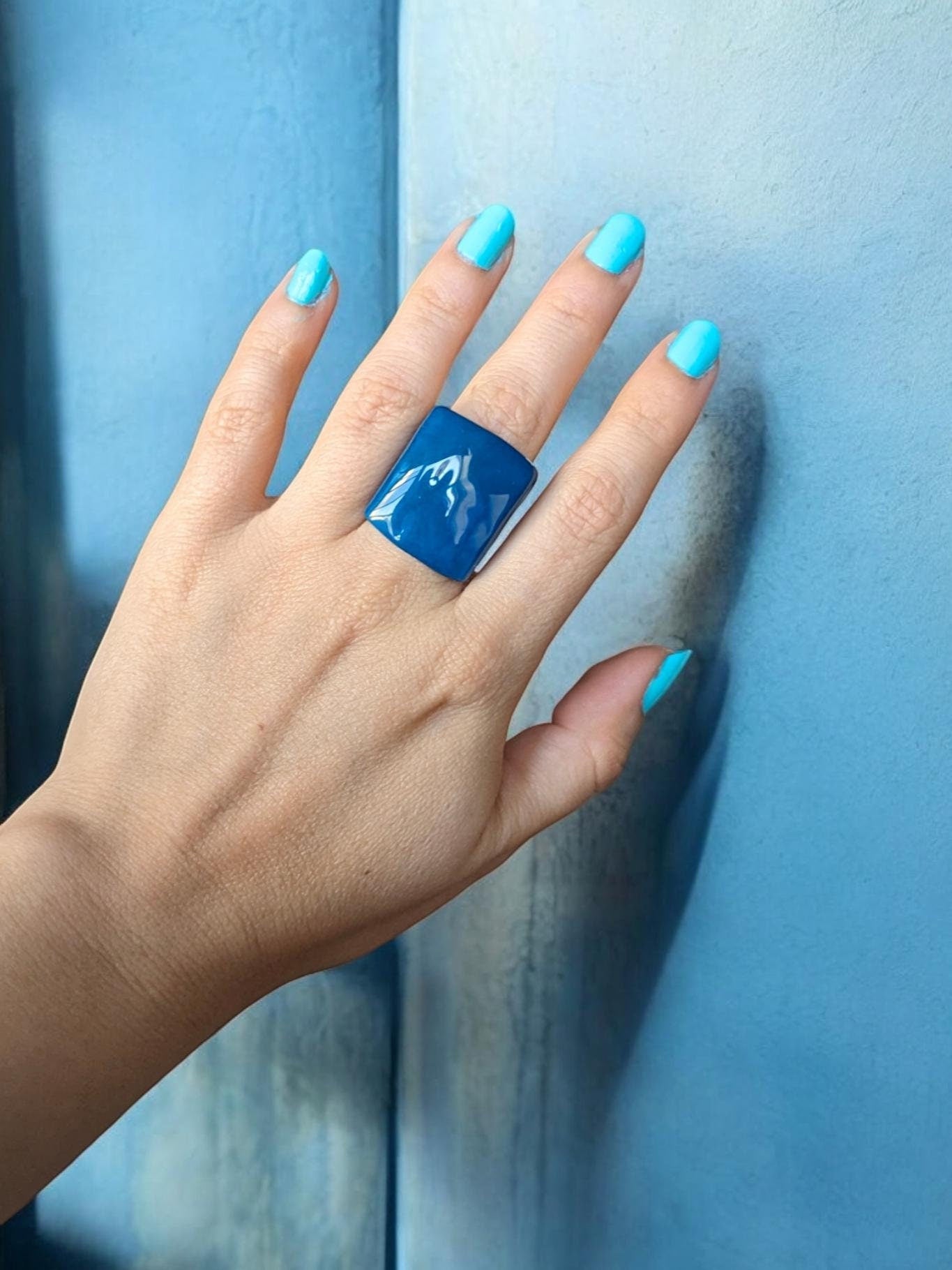 Blue Boho Statement Ring – Aquamarine Tagua Nut Jewelry.