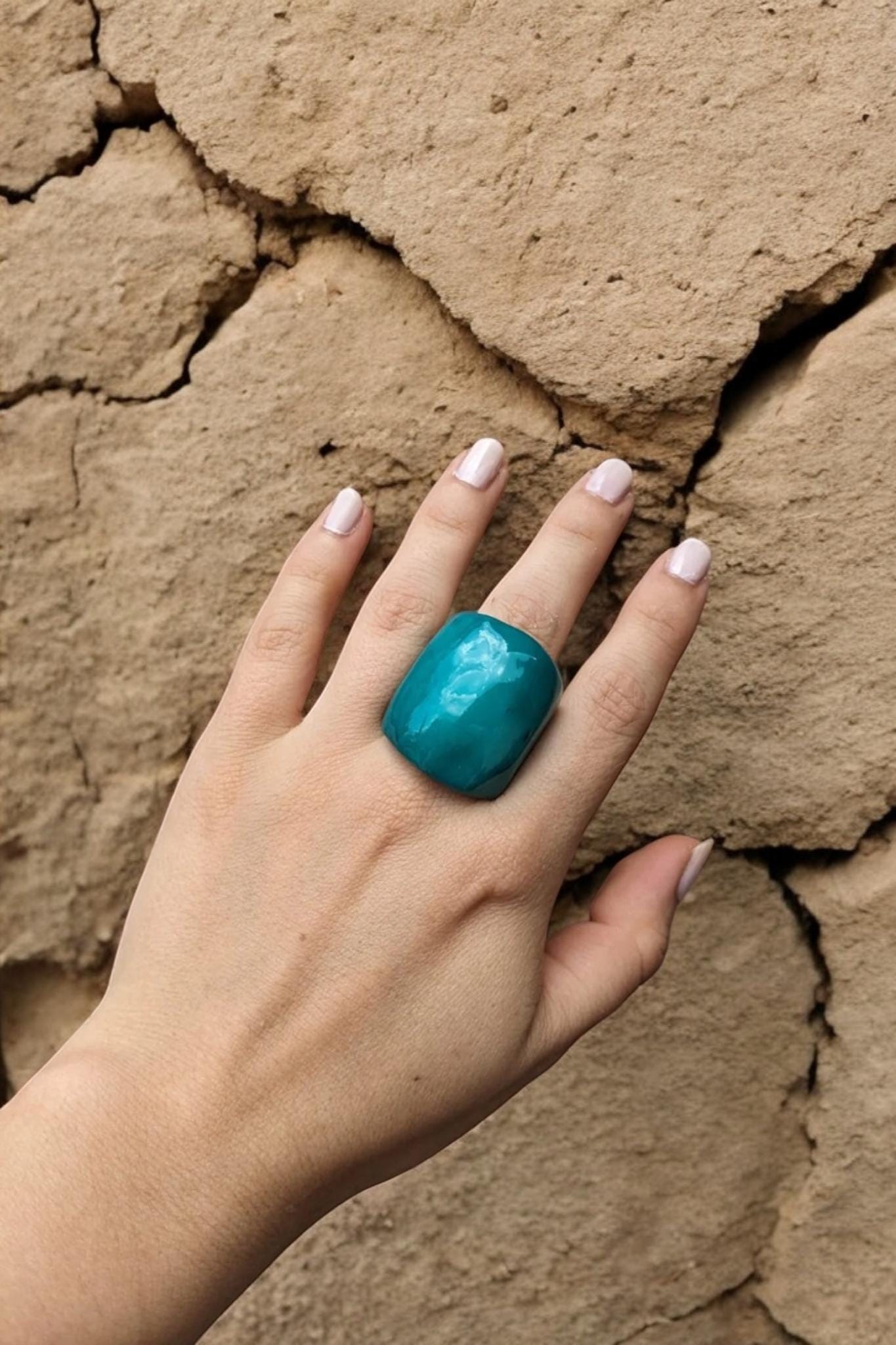 Teal Tagua Nut Statement Ring.