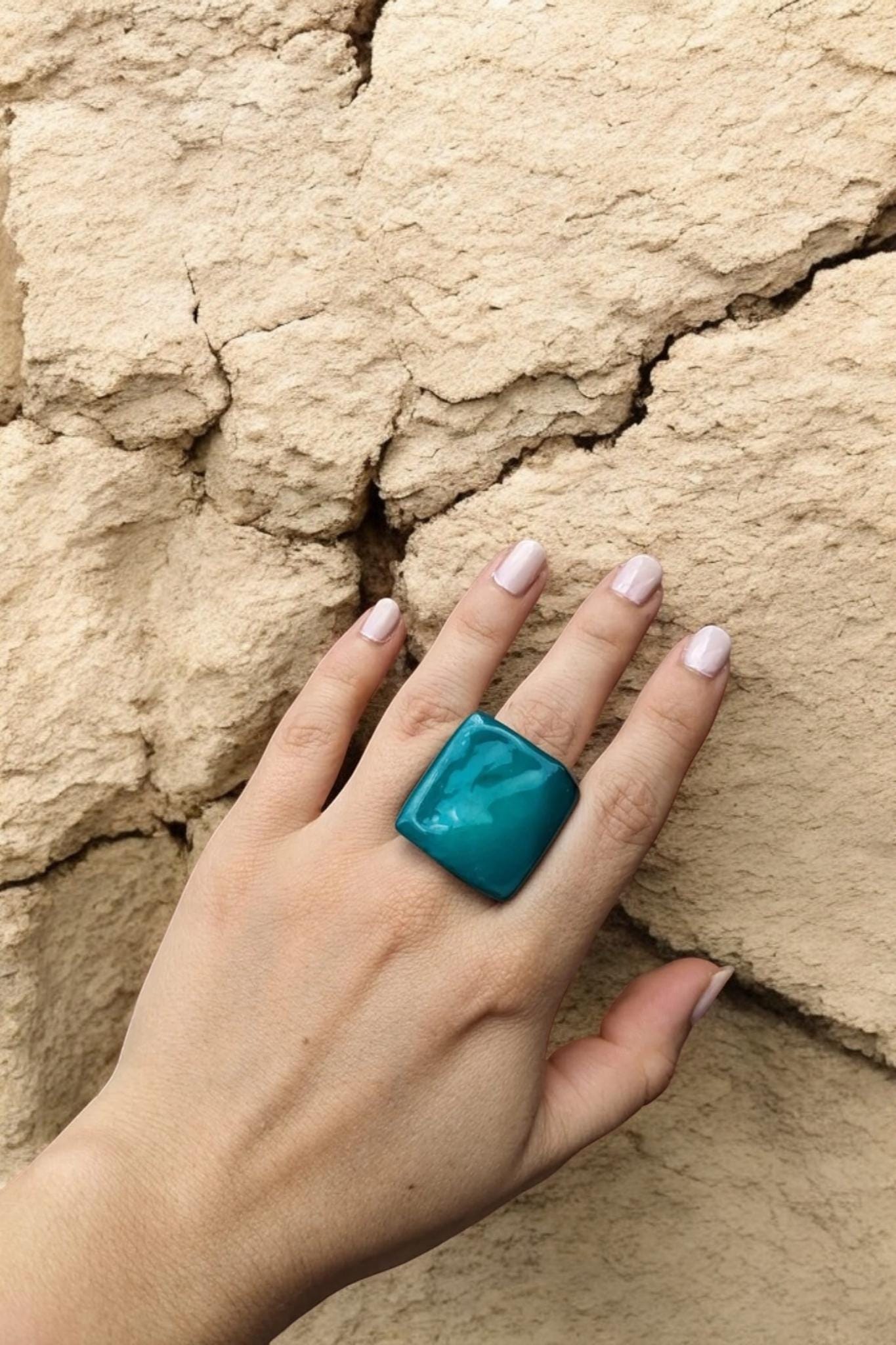 Teal Tagua Nut Statement Ring.