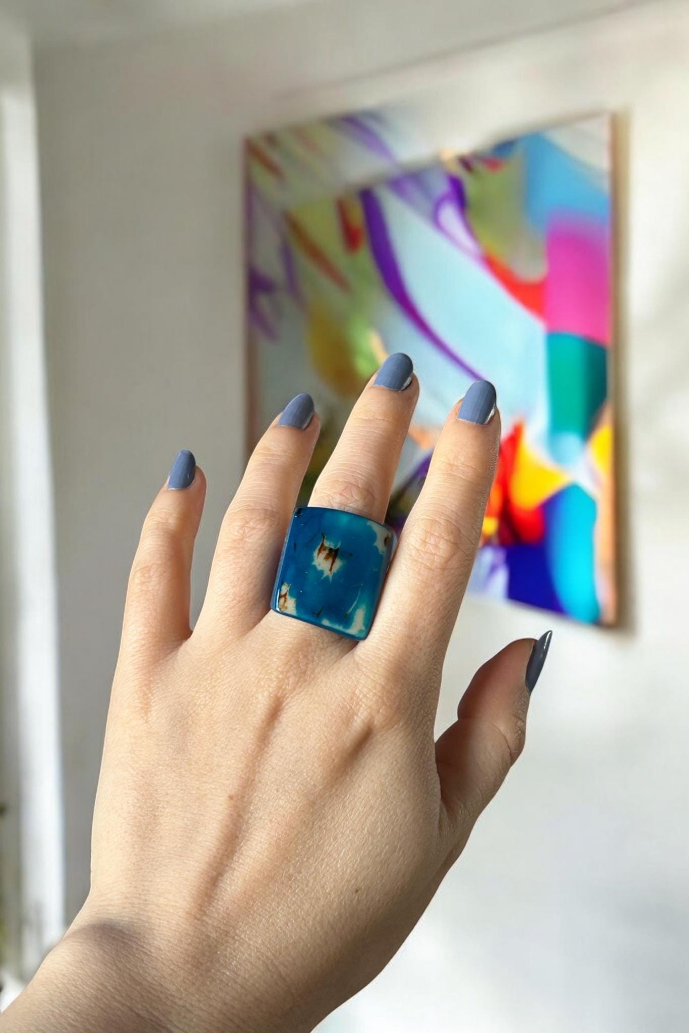 Hand-Carved Blue Tagua Nut Statement Ring.