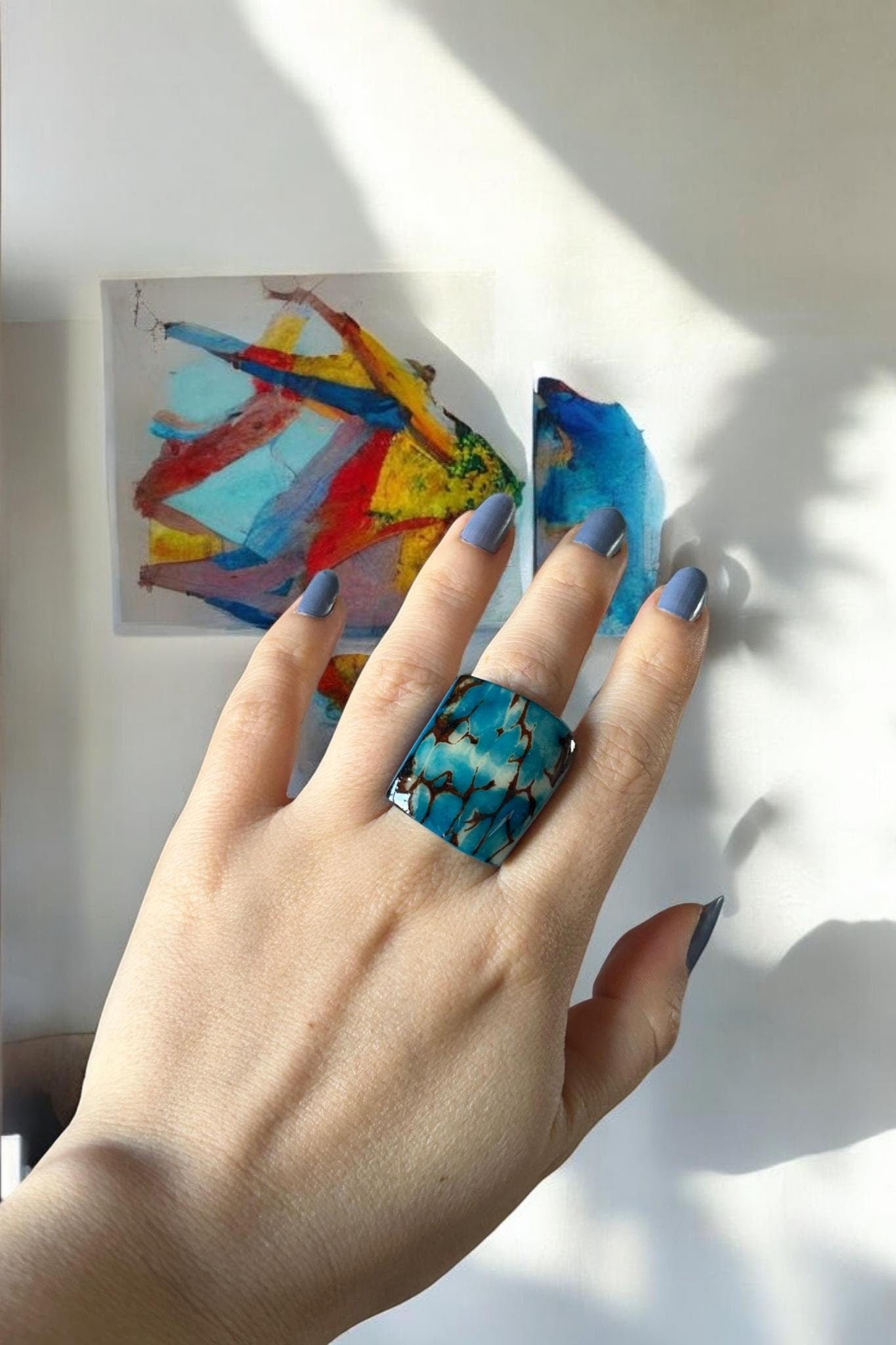 Hand-Carved Blue Tagua Nut Statement Ring.