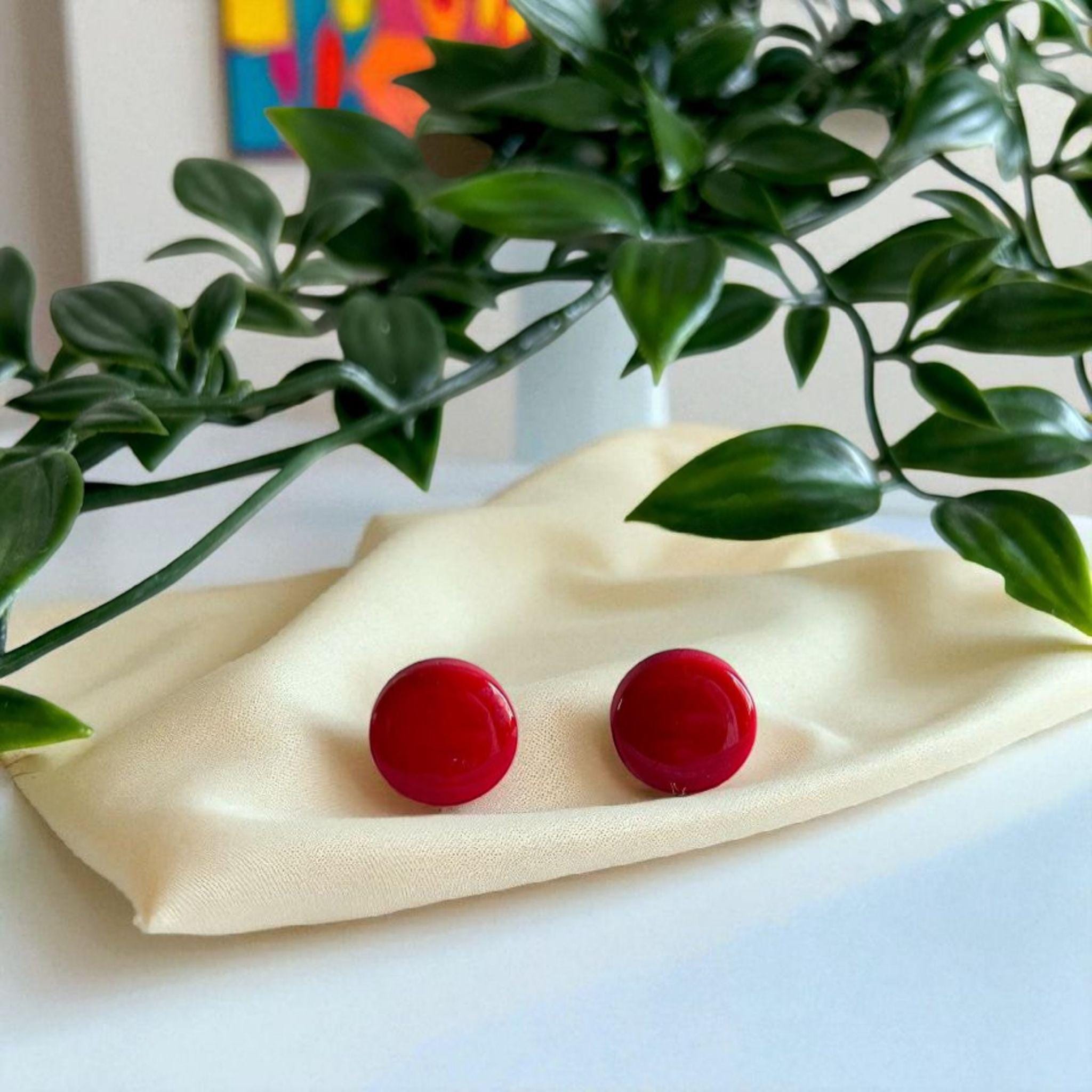 Red Tagua Nut Stud Earrings.