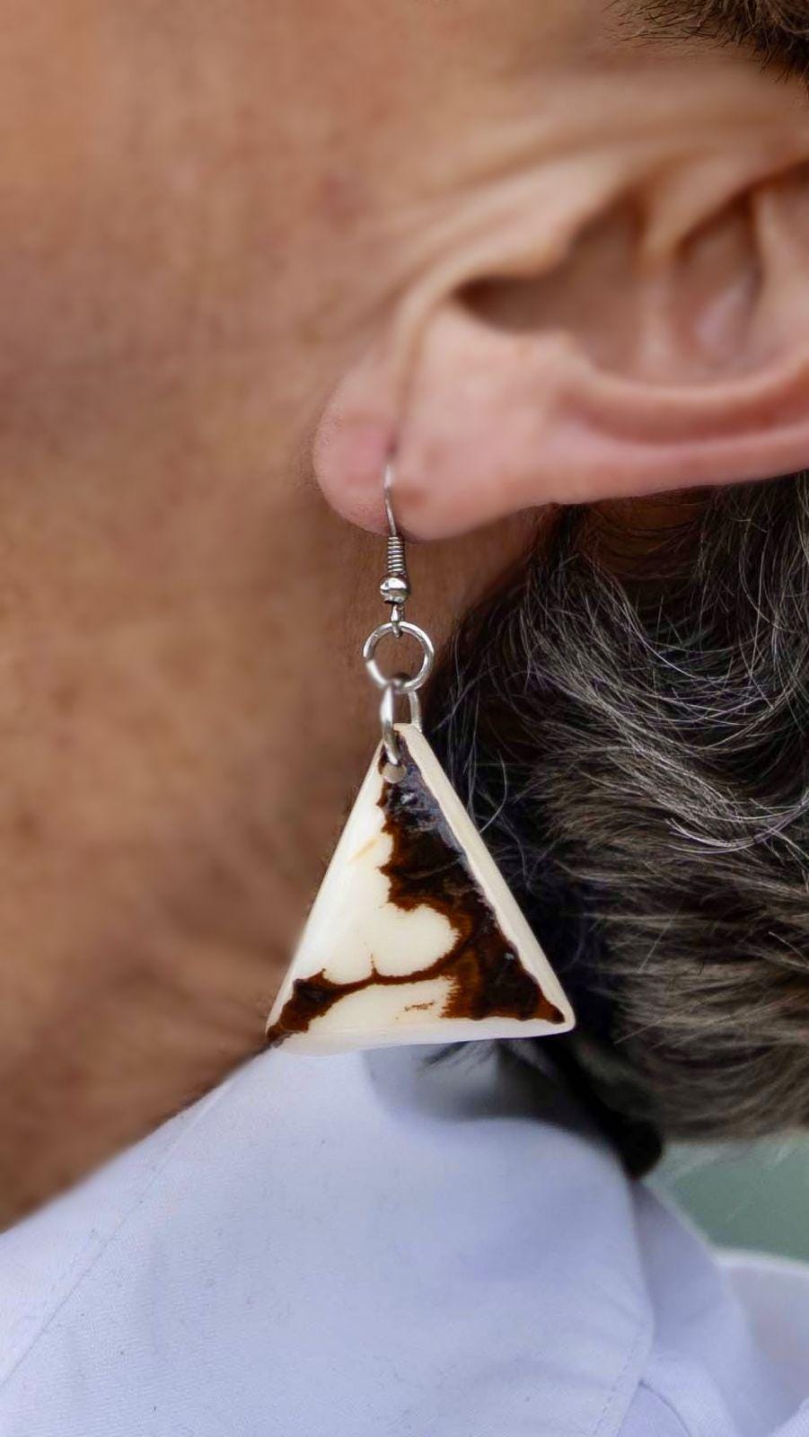 White Tagua Nut Triangle Earrings.