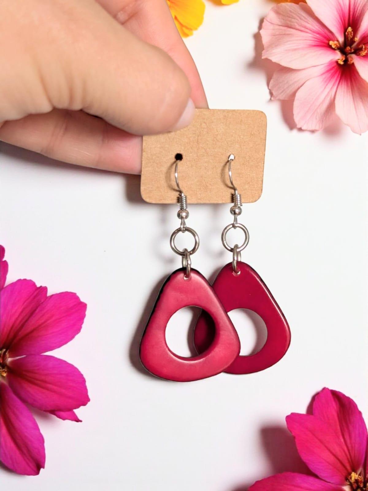 Red Statement Earrings Made from Tagua Nut.