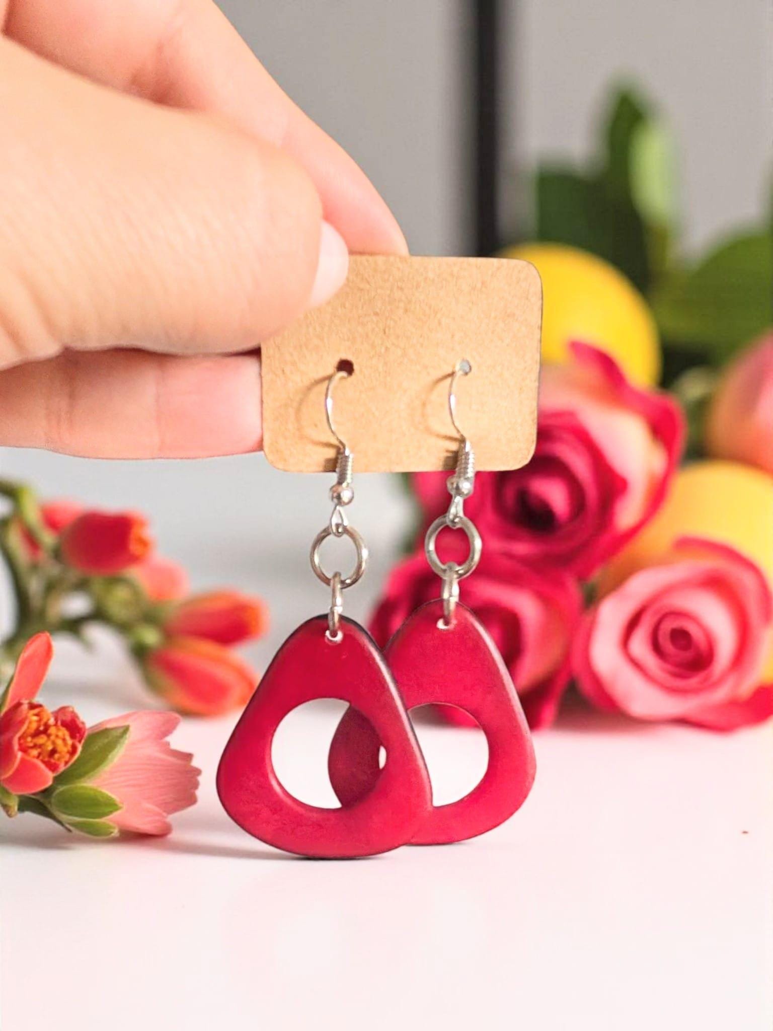 Red Statement Earrings Made from Tagua Nut.
