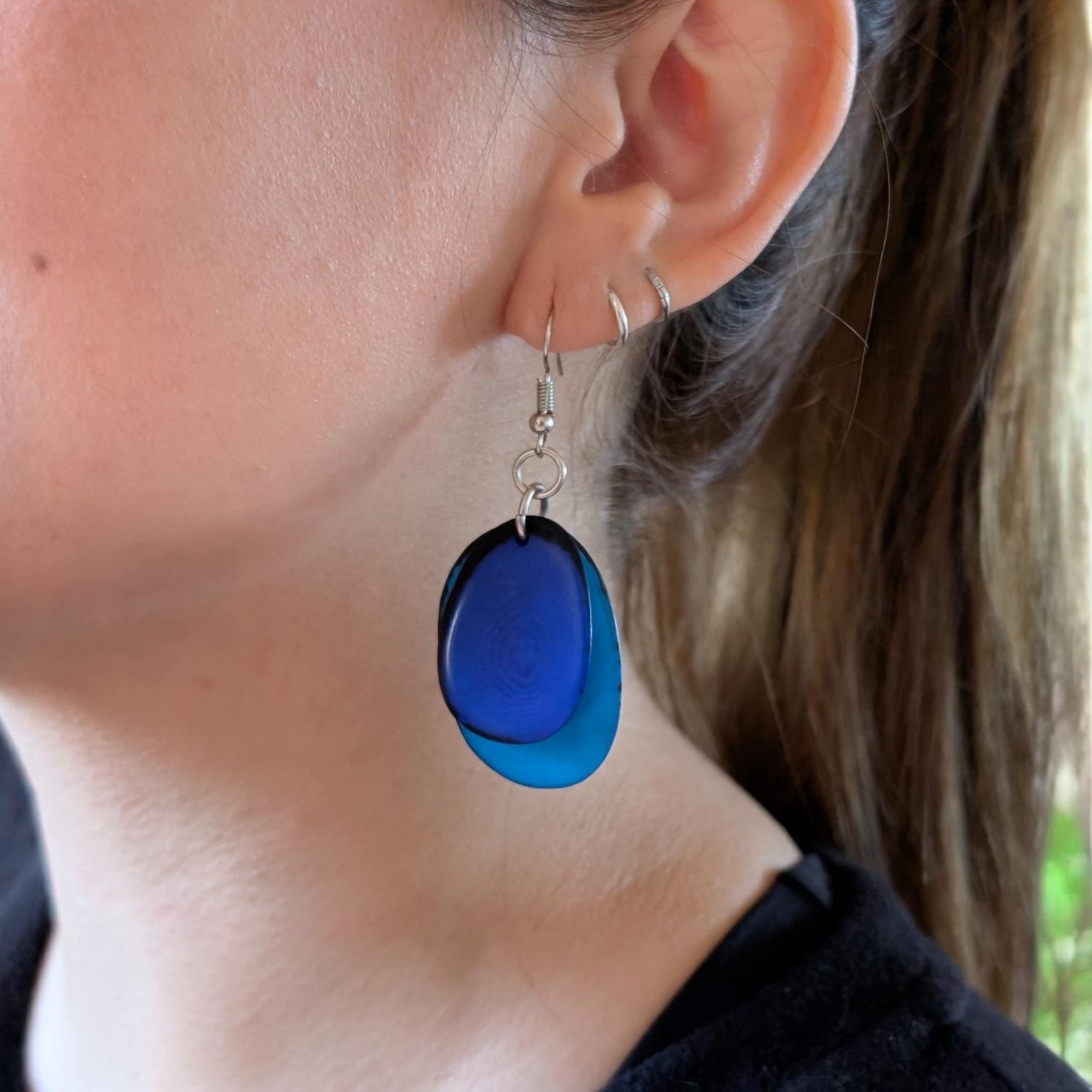 Handmade Blue Tagua Nut Earrings.