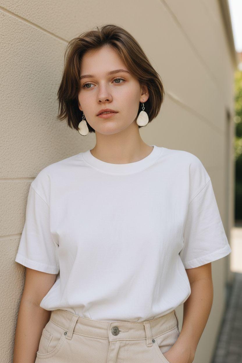 White oval earrings.