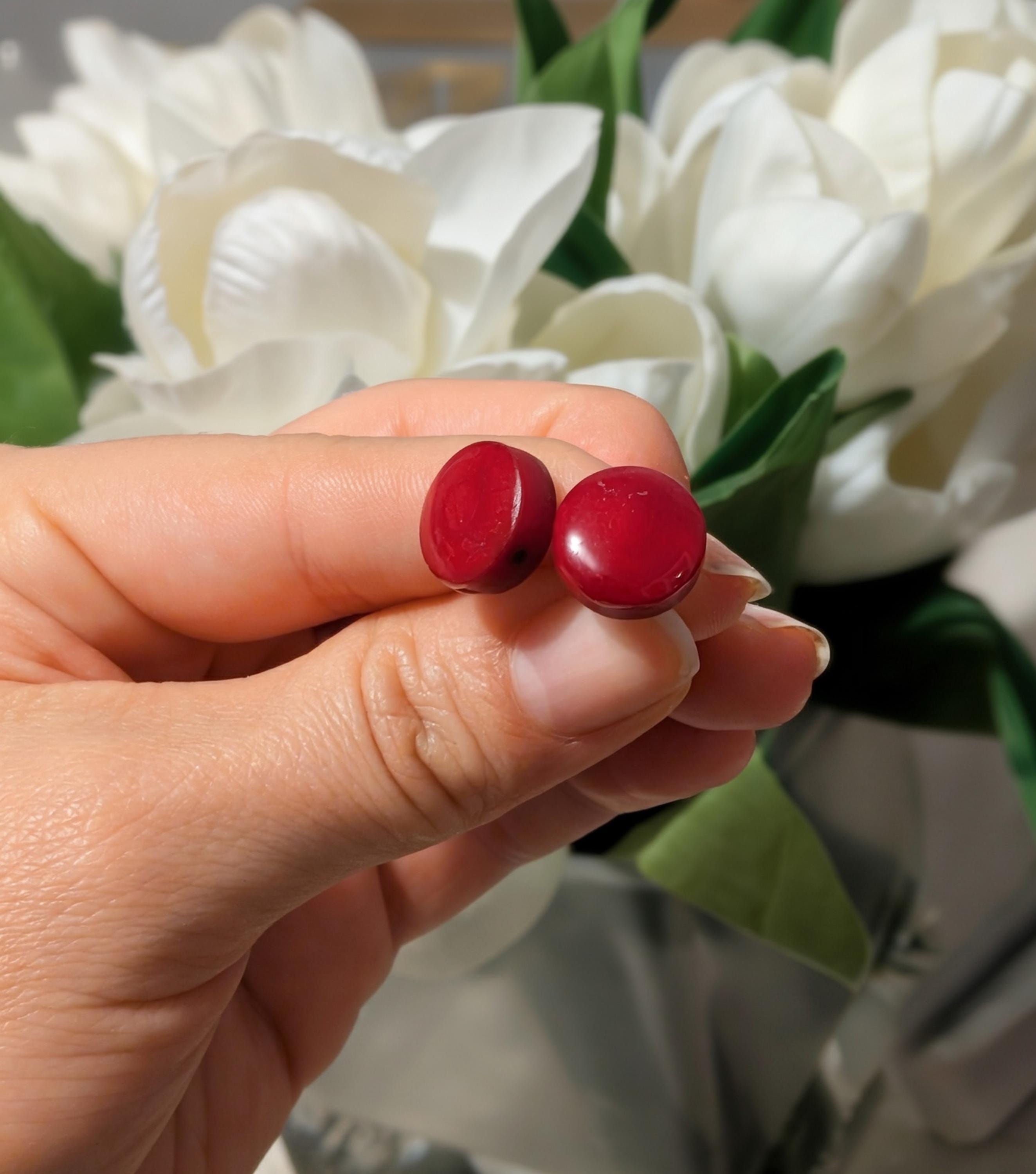 Red Tagua Nut Stud Earrings.
