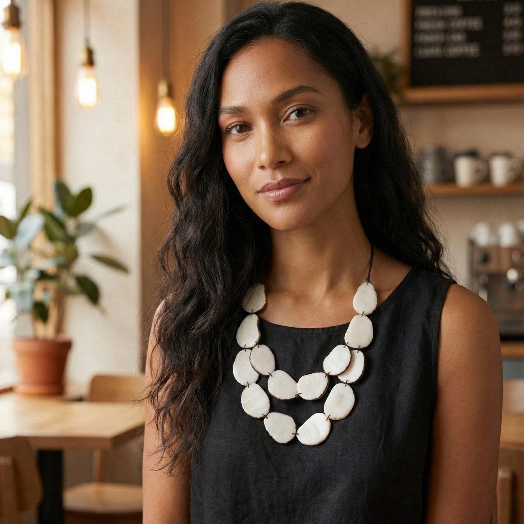 Woman sitting at a table with a cup of coffee in a cozy cafe setting