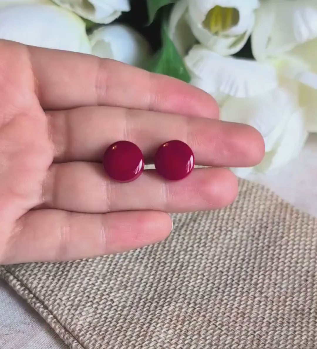 Red Tagua Nut Stud Earrings.